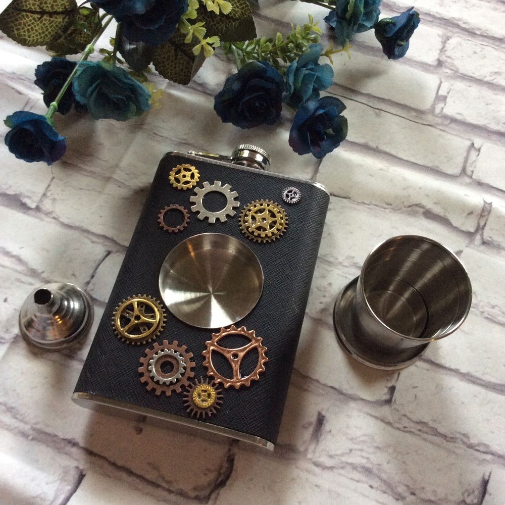 🌸 STEAMPUNK FLASK GEARS SHOT GLASS SET VINTAGE CUSTOM CUP MUG COOL GIFT SPECIAL - Picture 6 of 8